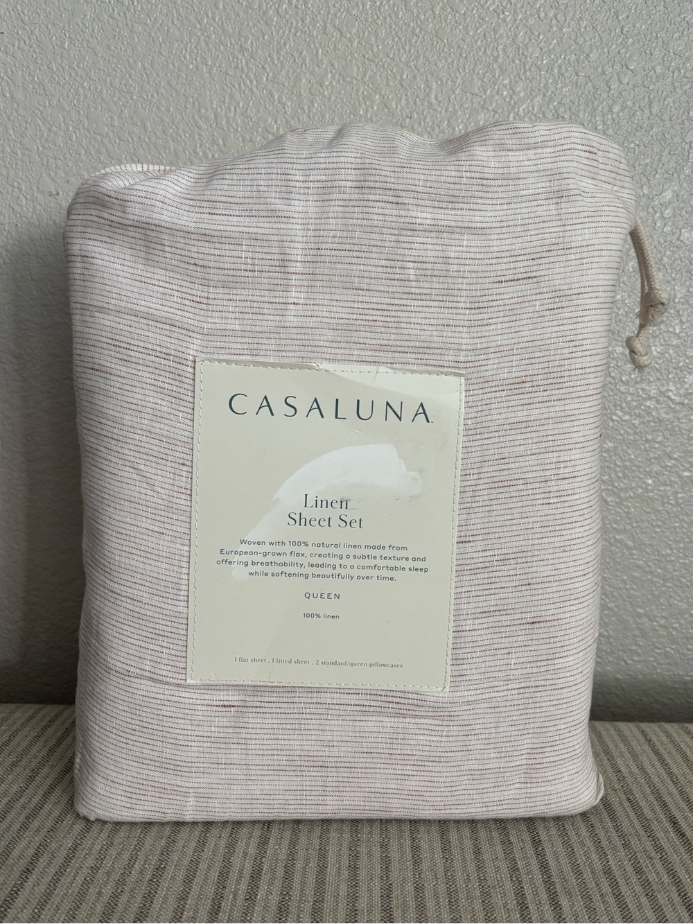 NWT Queen 100% Linen Sheet Set Adobe Clay Micro Stripe - Casaluna